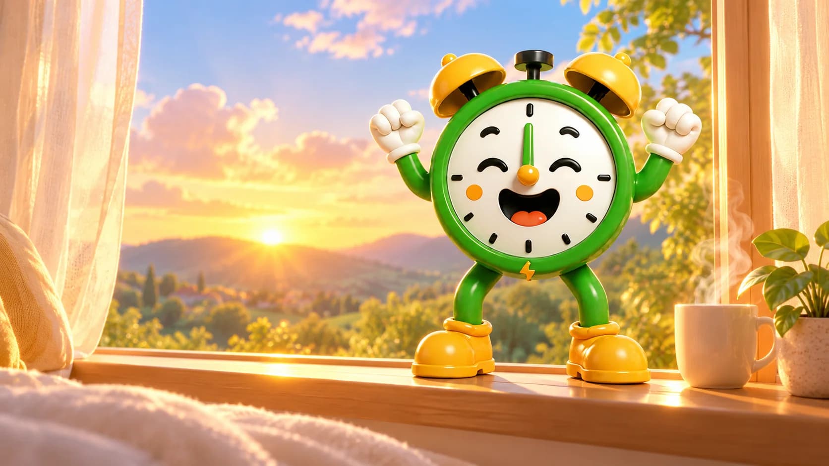 Tiko the alarm clock stretching happily on a sunny bedroom windowsill at sunrise